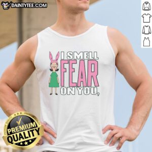Alt Text: Louise from Bob's Burgers wearing a 'I Smell Fear On You' tank top, showcasing her signature playful style.
