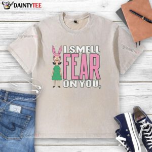 Alt Text: Good Bobs Burgers Louise I Smell Fear On You washed t-shirt featuring a playful cartoon design from the popular series.