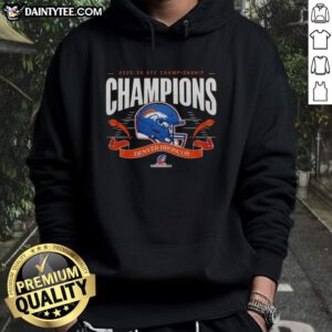 Alt Text: Denver Broncos AFC Championship Champions 2025-26 Big Helmet Center Hoodie featuring bold team graphics.