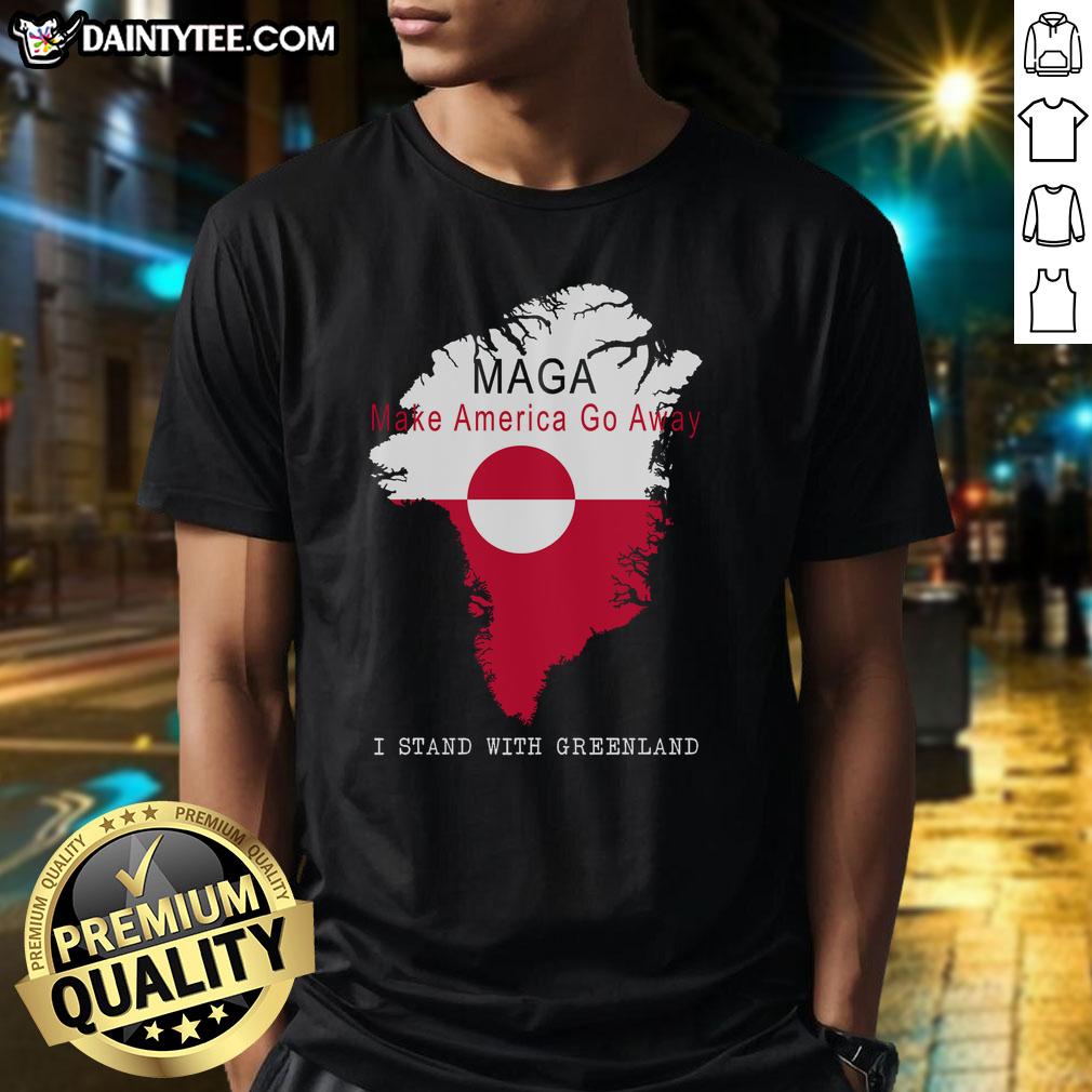 Alt Text: Good Maga Make America Go Away Greenland Map T-Shirt featuring a colorful graphic of Greenland and bold text.