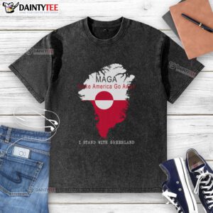 Good Maga Make America Go Away Greenland Map washed t-shirt in green, showcasing a unique graphic design perfect for casual wear.