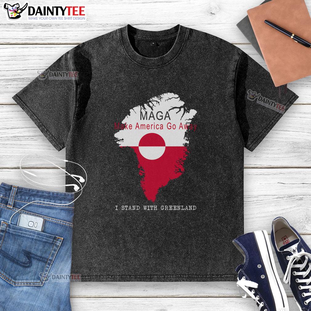 Good Maga Make America Go Away Greenland Map washed t-shirt in green, showcasing a unique graphic design perfect for casual wear.