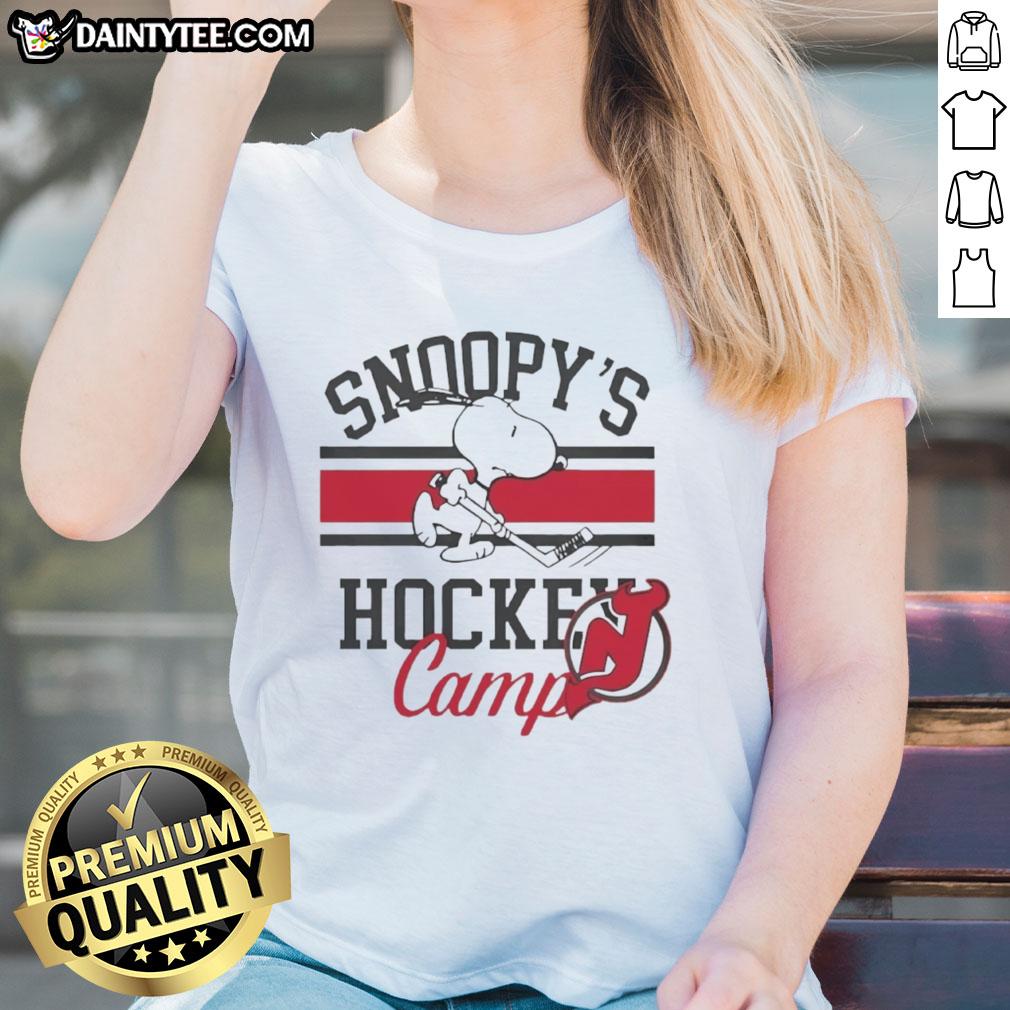 2026 Ladies Tee featuring the New Jersey Devils logo for Snoopy's Hockey Camps, perfect for fans and players.