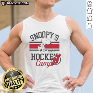 Alt Text: 2026 tank top featuring New Jersey Devils design for Snoopy's Hockey Camps, perfect for young hockey fans.