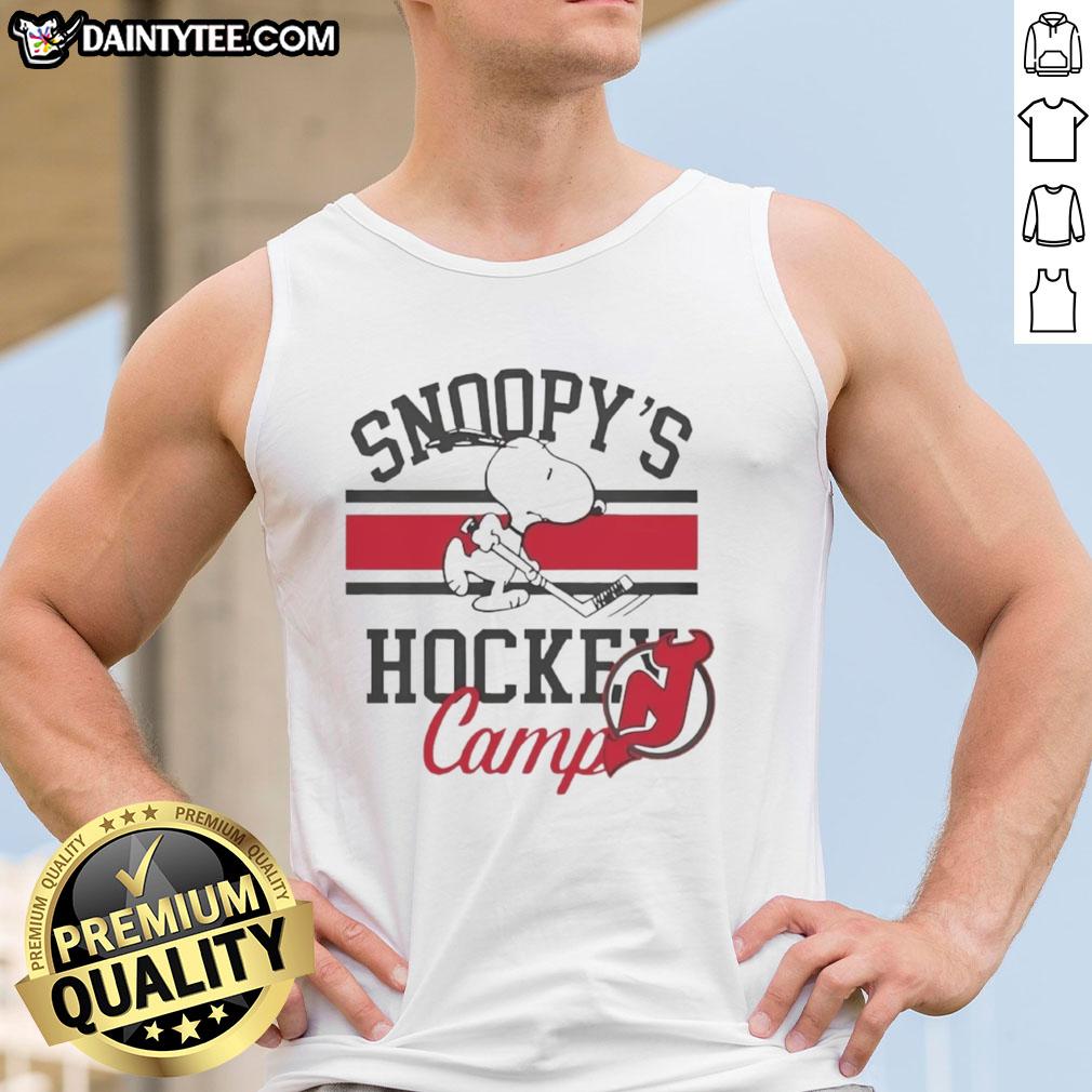 Alt Text: 2026 tank top featuring New Jersey Devils design for Snoopy's Hockey Camps, perfect for young hockey fans.