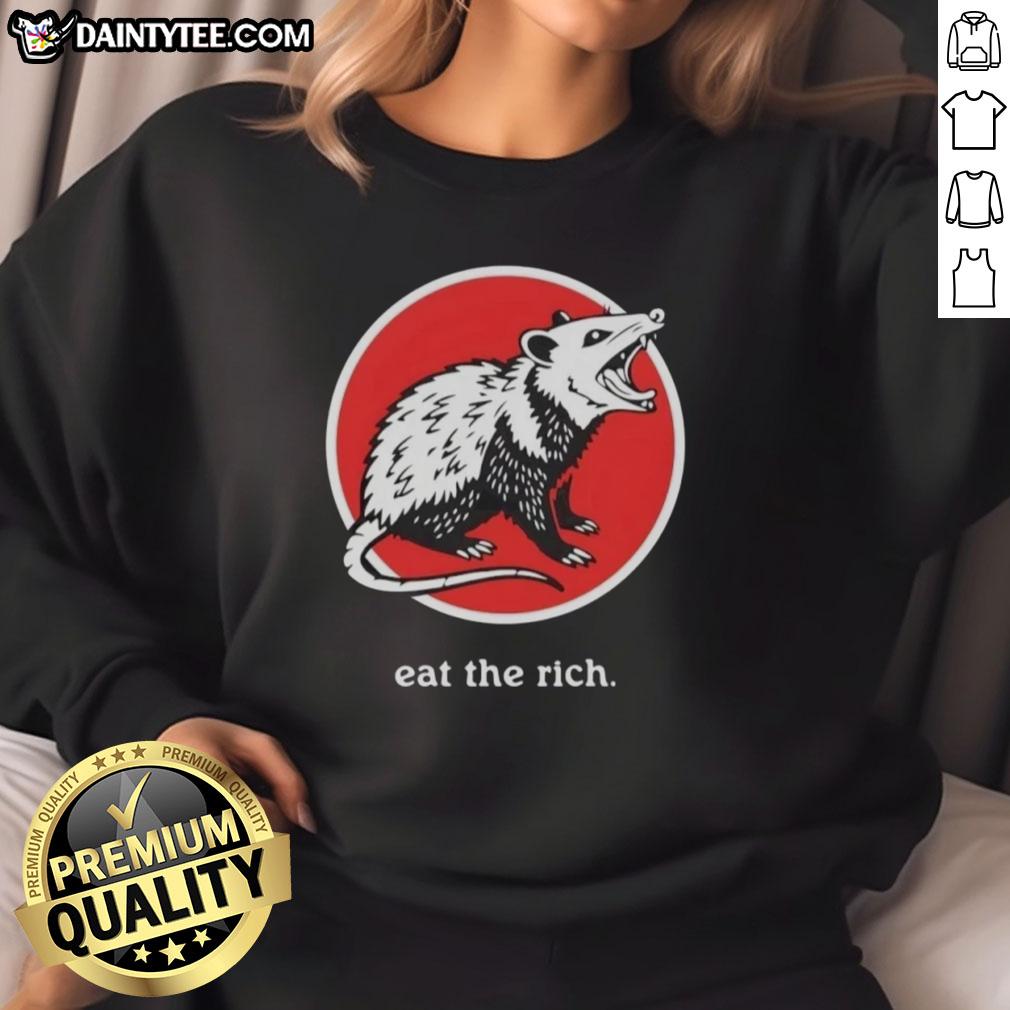 Funny 'Eat The Rich' sweatshirt featuring a cartoon opossum, perfect for quirky fashion lovers and animal enthusiasts.