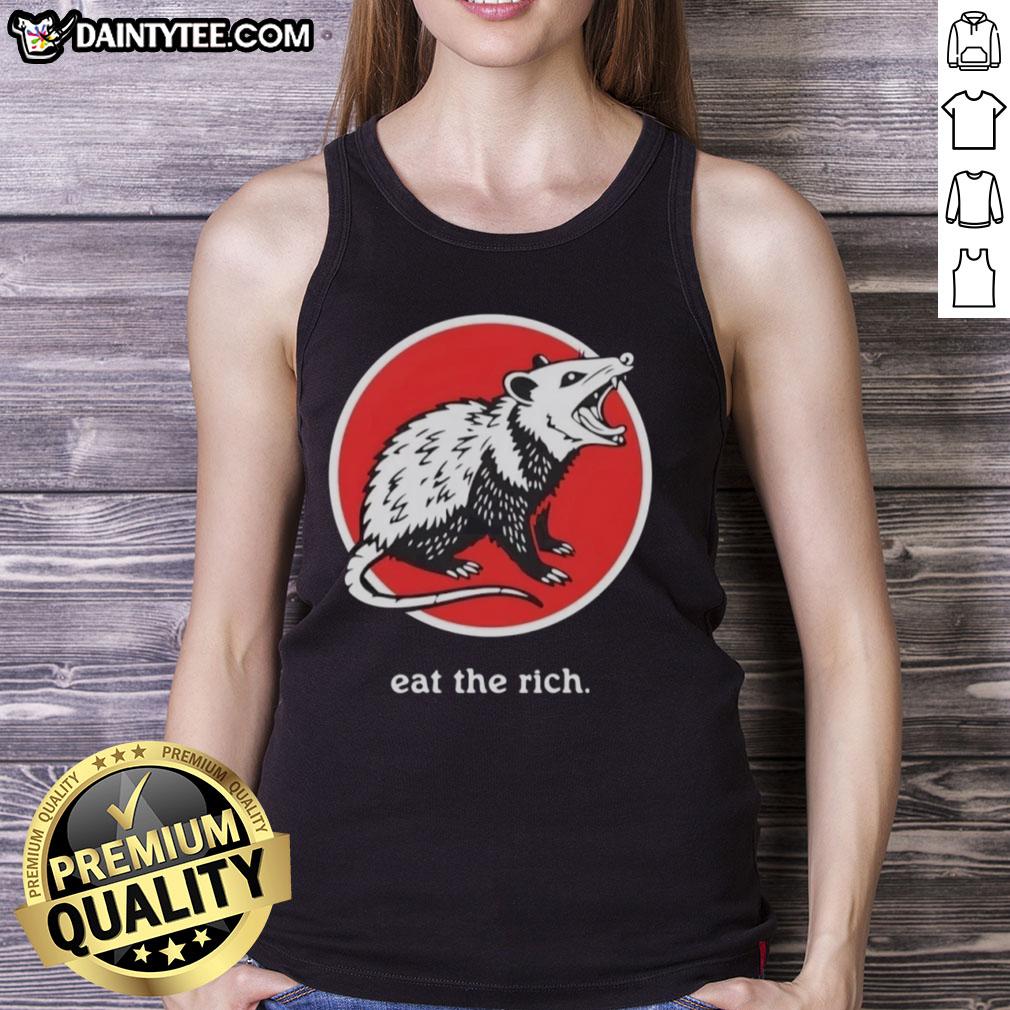 Alt Text: Funny tank top featuring an opossum with 'Eat the Rich' slogan, perfect for humor and animal lovers.