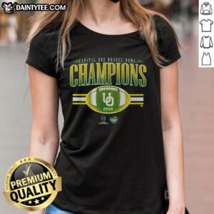 Good Oregon Football CFP Orange Bowl Champions ladies tee featuring team colors and logo for fans.