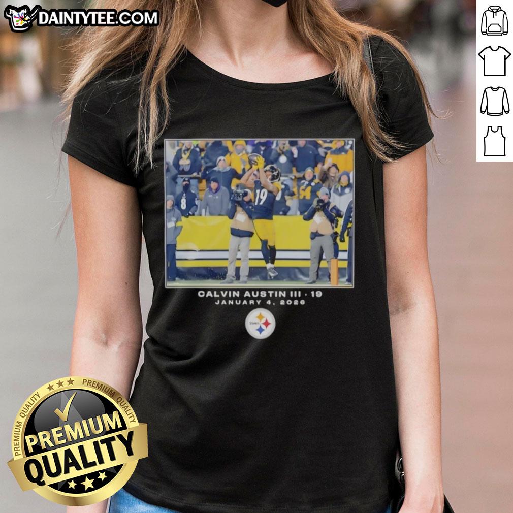 Alt Text: Pittsburgh Steelers Calvin Austin III NFL Flash Features Week 18 Big Tall Ladies Tee displayed on a mannequin.