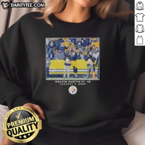 Alt Text: Calvin Austin III NFL Flash Features Week 18 big & tall sweatshirt featuring Pittsburgh Steelers logo and design.