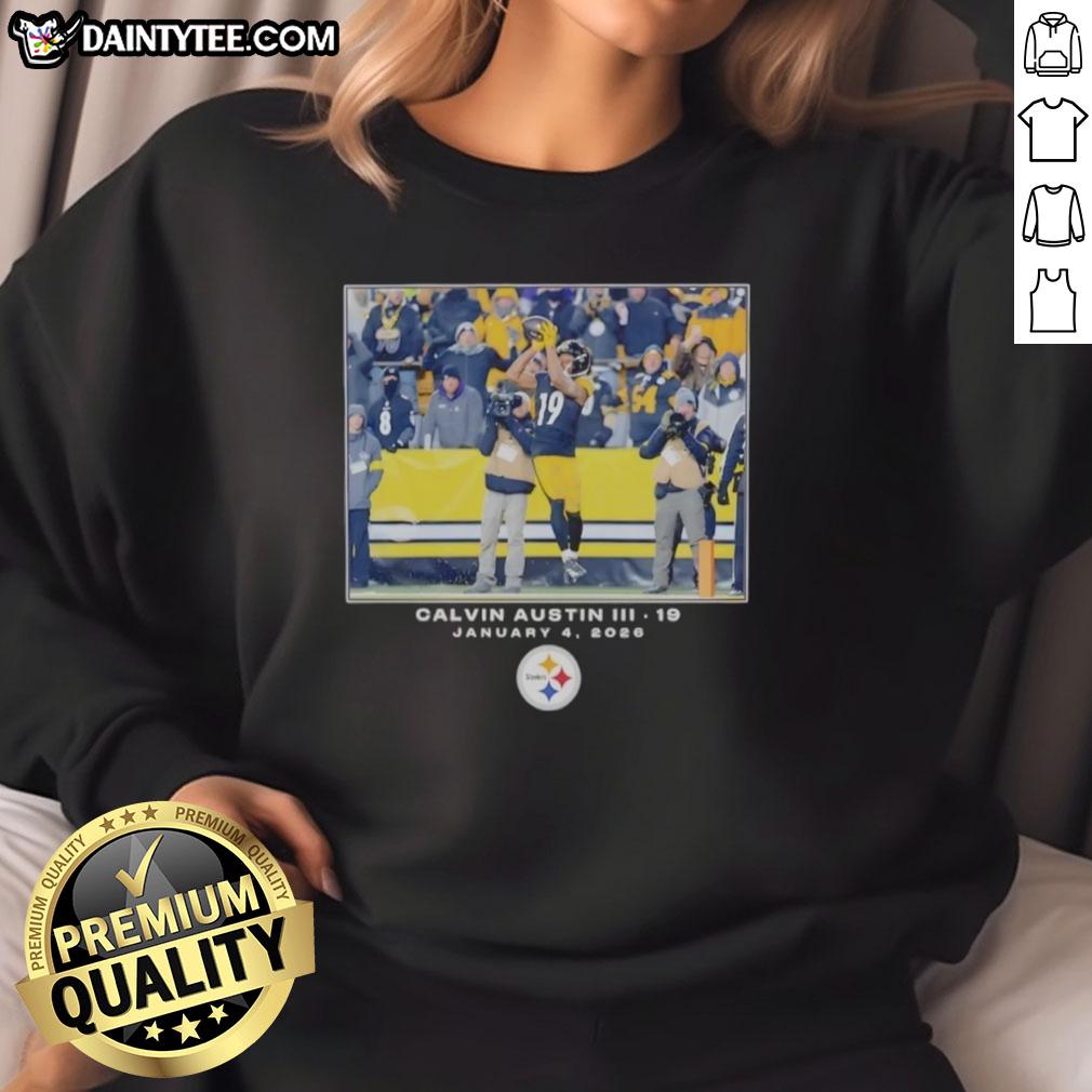 Alt Text: Calvin Austin III NFL Flash Features Week 18 big & tall sweatshirt featuring Pittsburgh Steelers logo and design.