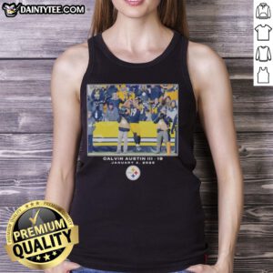 Alt Text: Calvin Austin III wearing a Pittsburgh Steelers tank top during NFL Week 18, showcasing team spirit and style.