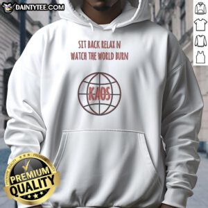 Good Sit Back Relax N Watch The World Burn Kaos Hoodie in black worn by a model against a urban backdrop.