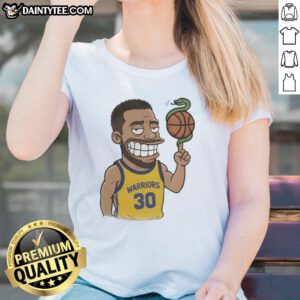 Cartoon of a snake playing basketball with a ball, featuring Steph Curry, on a ladies' tee shirt design.