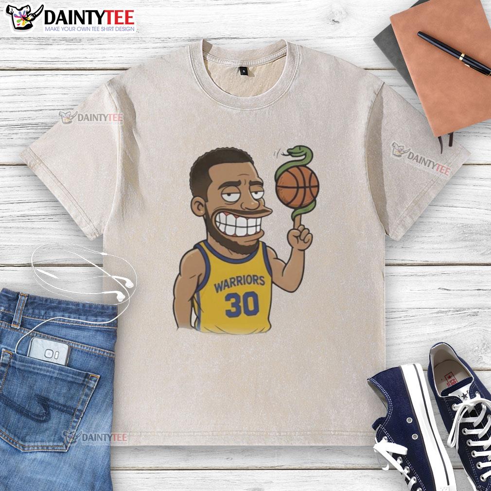 Cartoon of Steph Curry with a snake and basketball on a washed t-shirt, perfect for basketball fans and casual wear.