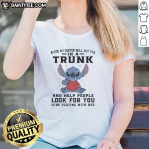 Good Stitch Index Finger Bitch tee for women featuring a humorous design about sisterly loyalty and mischief.