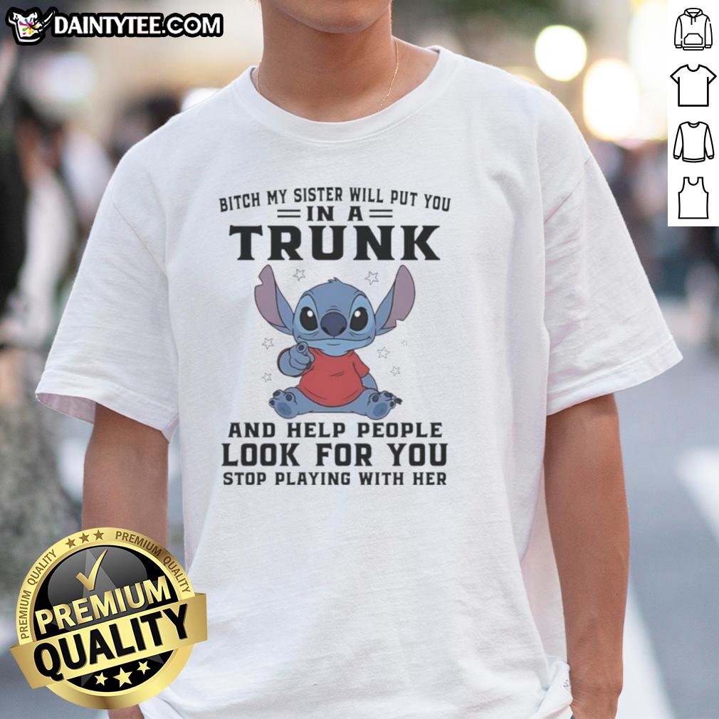 Alt Text: Good Stitch Index Finger Bitch T-Shirt - Funny design featuring sisterly humor, perfect for casual wear.