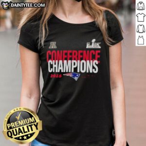 New England Patriots 2025 AFC Conference Champions ladies tee, celebrating Super Bowl LX victory with stylish design.
