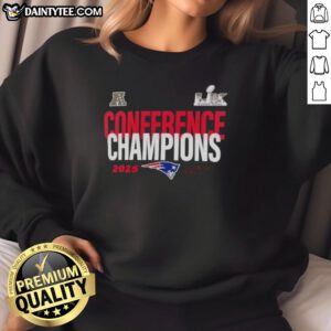 New England Patriots 2025 AFC Conference Champions sweatshirt featuring bold team logo and Super Bowl LX design.