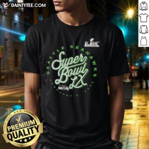 Good Super Bowl LX Seattle Seahawks 2025 NFC logo T-shirt featuring vibrant team colors and stylish design.