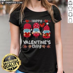 Happy Valentine's Day graphic featuring a cute Valentine gnome on a ladies tee for festive celebration.