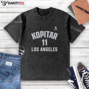 Alt Text: Los Angeles Kings Hockey Hot Anze Kopitar Name and Number Washed T-Shirt for fans and sports enthusiasts.