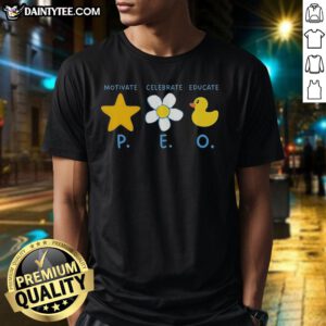 Alt Text: Hot Motivate Celebrate Educate P.E.O T-Shirt design featuring vibrant colors and inspirational phrases for activewear.