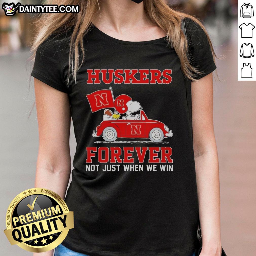 Alt Text: Hot Snoopy and Woodstock driving a car in a Nebraska Huskers ladies tee, showcasing playful team spirit.