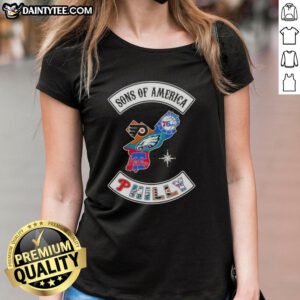 Alt Text: Hot Son of America Philadelphia Map with Sports Logos on a Ladies Tee, perfect for sports fans and city lovers.