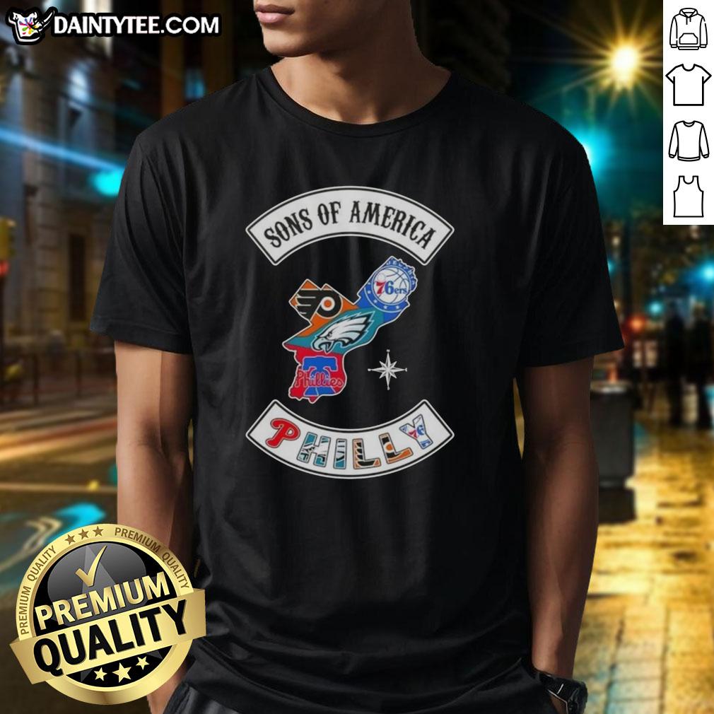 Hot Son Of America Philadelphia Map Sports Logos Combine T-Shirt showcasing vibrant team logos on a stylish graphic tee.