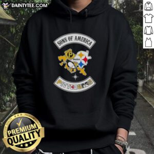 Alt Text: Hot Son of America Pittsburgh map hoodie featuring sports logos, perfect for fans of Pittsburgh sports culture.