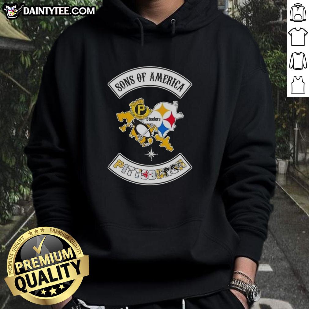 Alt Text: Hot Son of America Pittsburgh map hoodie featuring sports logos, perfect for fans of Pittsburgh sports culture.