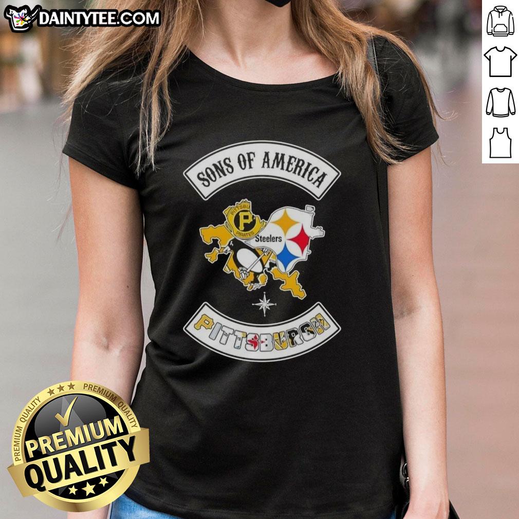 Alt Text: Hot Son of America Pittsburgh Map Sports Logos Combine Ladies Tee featuring vibrant sports team designs.