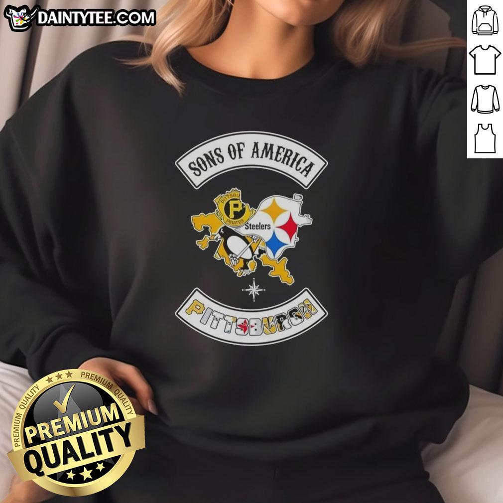 Alt Text: Hot Son of America Pittsburgh Map Sports Logos Combine Sweatshirt showcasing vibrant team logos on a stylish design.