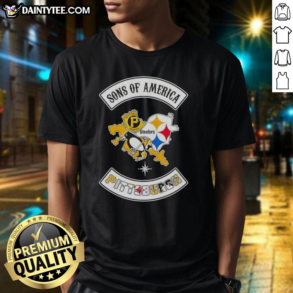 Alt Text: Hot Son Of America Pittsburgh Map Sports Logos Combine T-Shirt featuring iconic Pittsburgh team logos and map design.