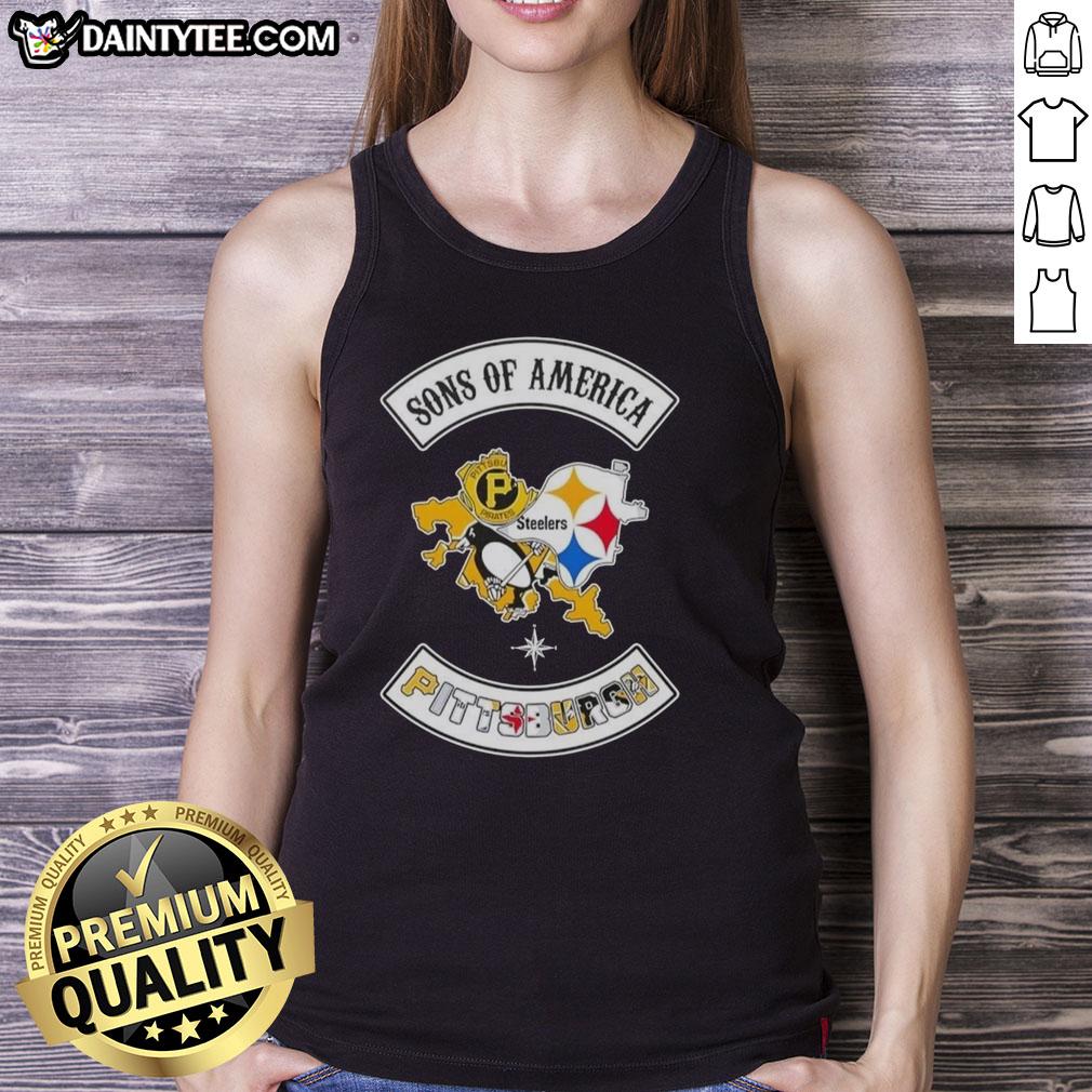 Hot Son of America Pittsburgh map tank top featuring iconic sports logos and vibrant design for fans.