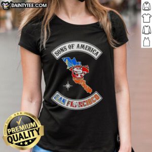 Hot Son of America San Francisco map t-shirt featuring sports logos for ladies - trendy graphic tee design.