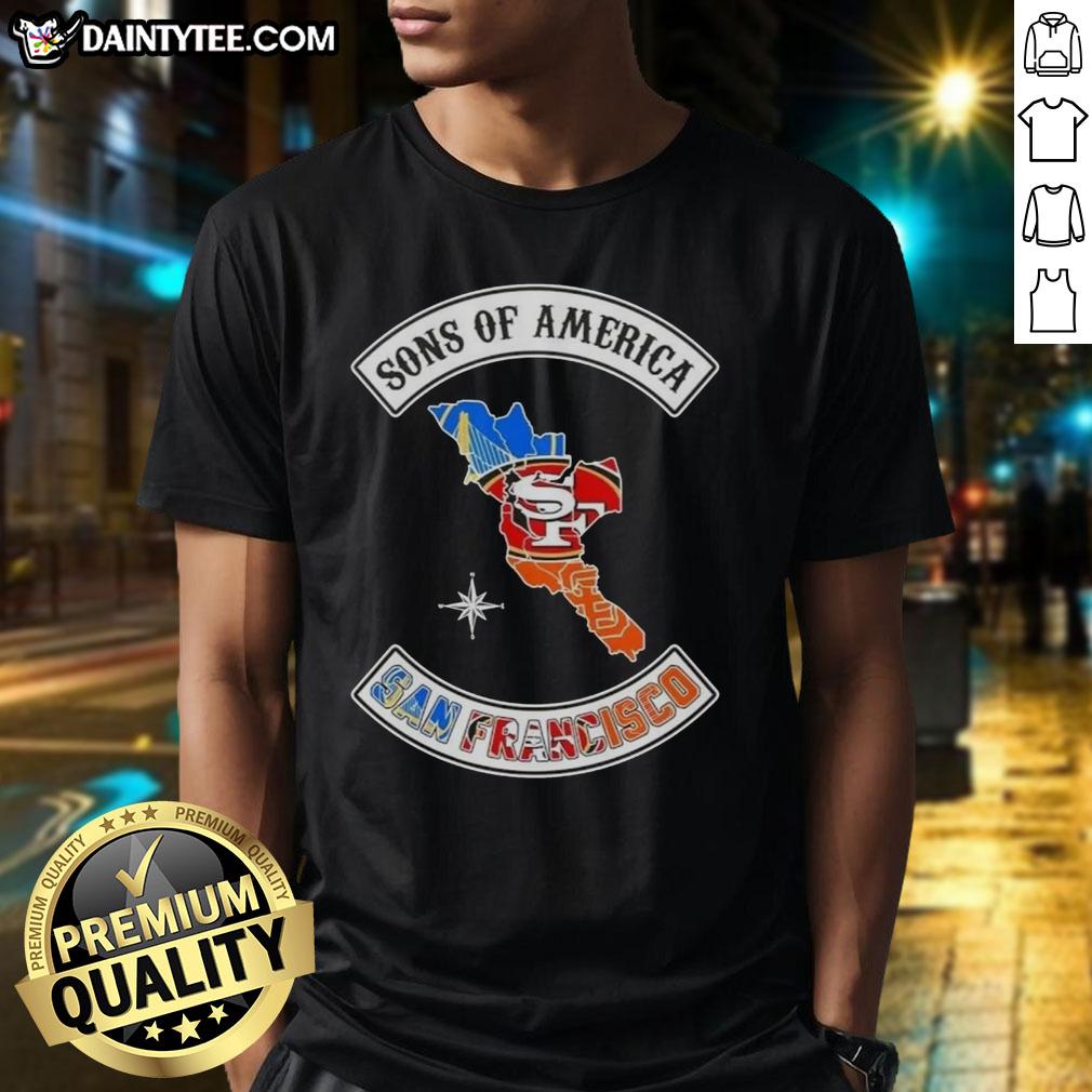 Hot Son Of America San Francisco Map Sports Logos Combine T-Shirt featuring iconic city and team logos in vibrant design.