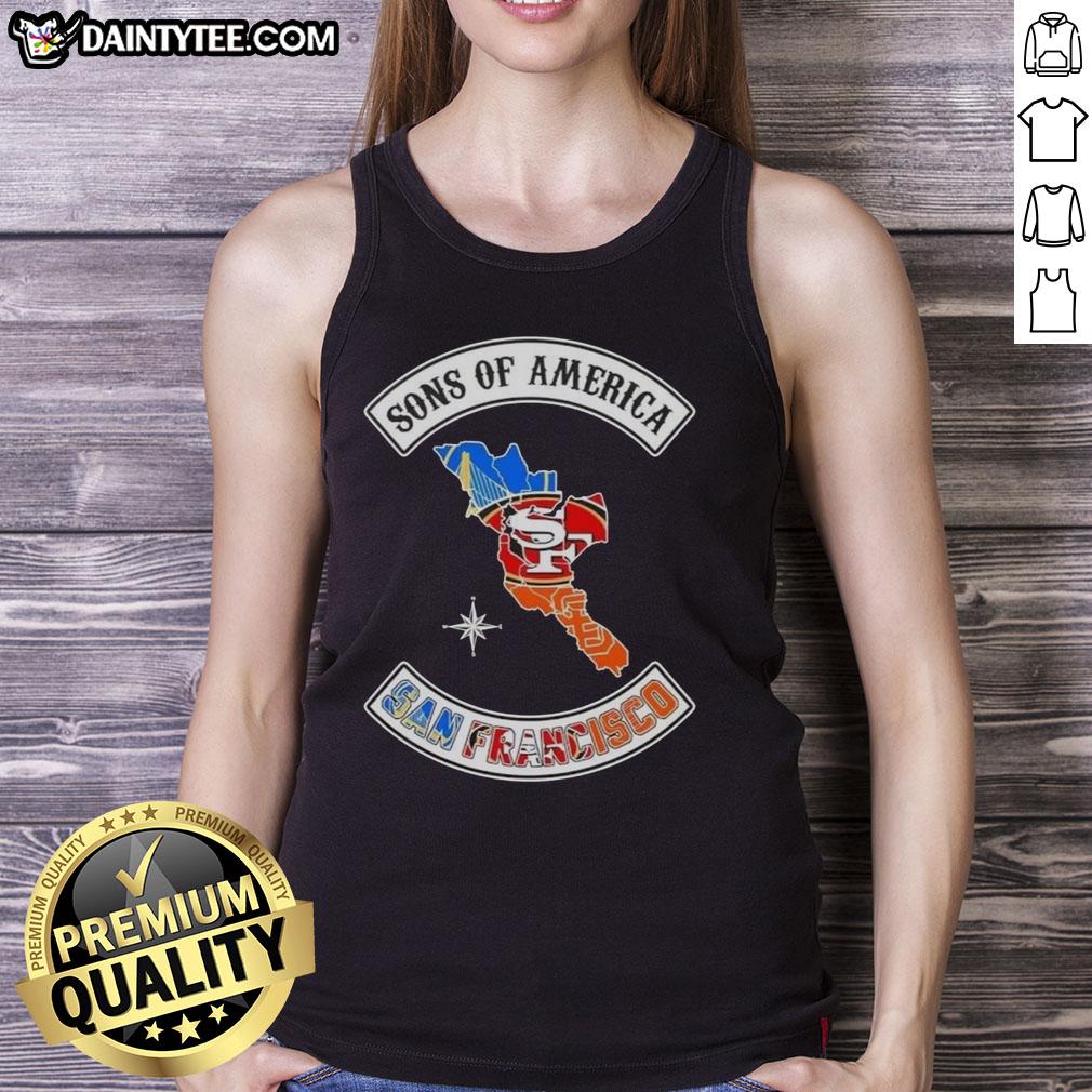 Alt Text: Hot Son Of America San Francisco map tank top featuring sports logos, perfect for stylish fans and summer wear.