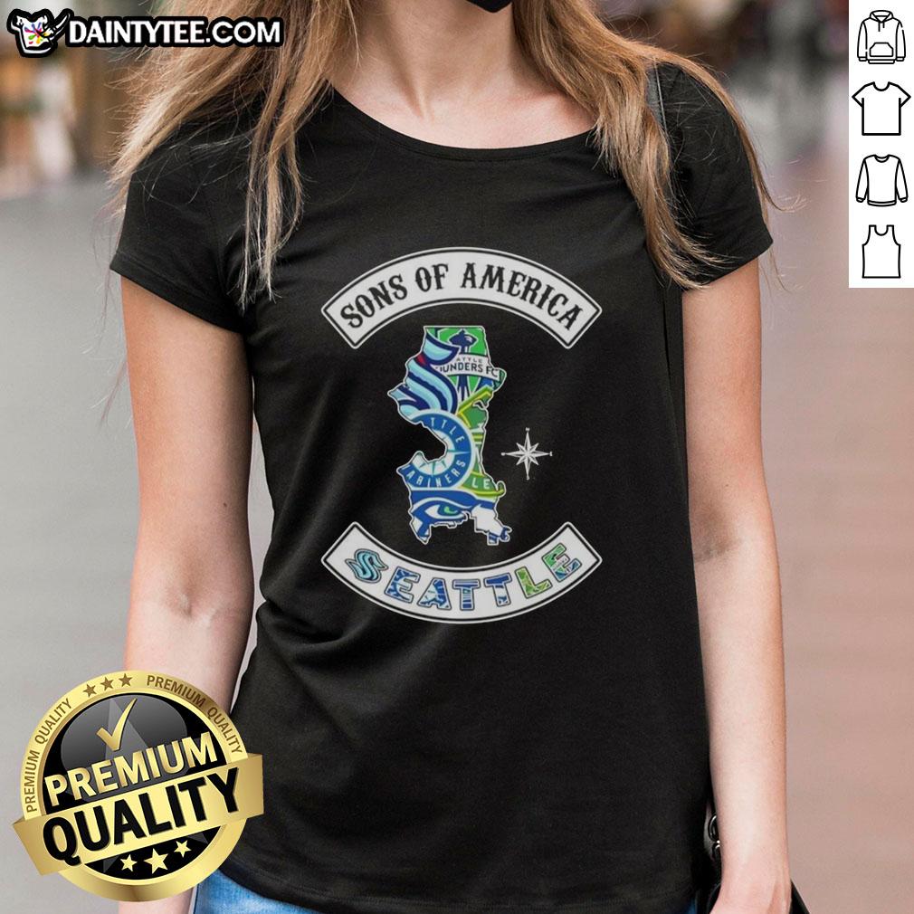 Hot Son of America Seattle map design with sports logos on a ladies tee, perfect for Seattle sports fans.