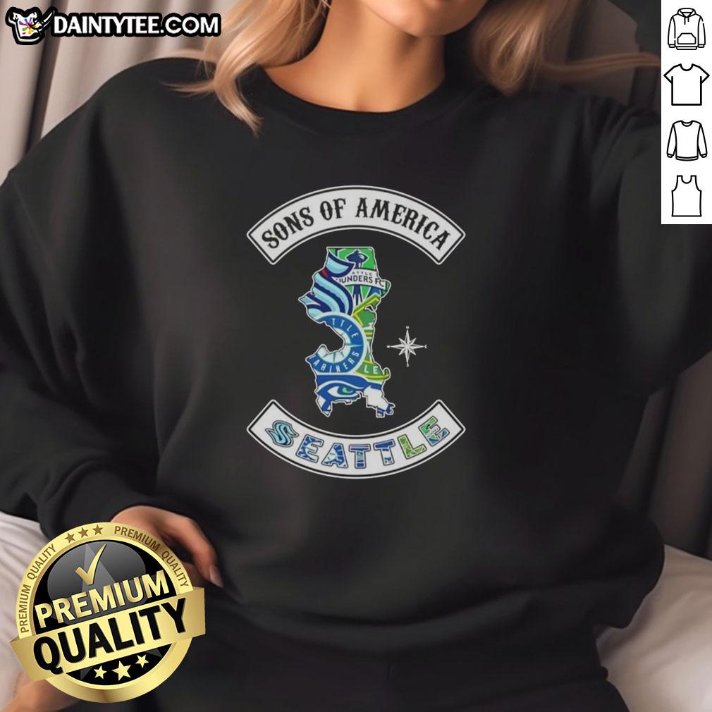 Hot Son of America Seattle Map Sports Logos Combine Sweatshirt showcasing vibrant Seattle sports team graphics.