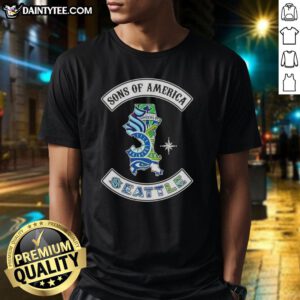 Alt Text: Hot Son Of America Seattle Map Sports Logos Combine T-Shirt featuring iconic sports team logos and a Seattle map design.