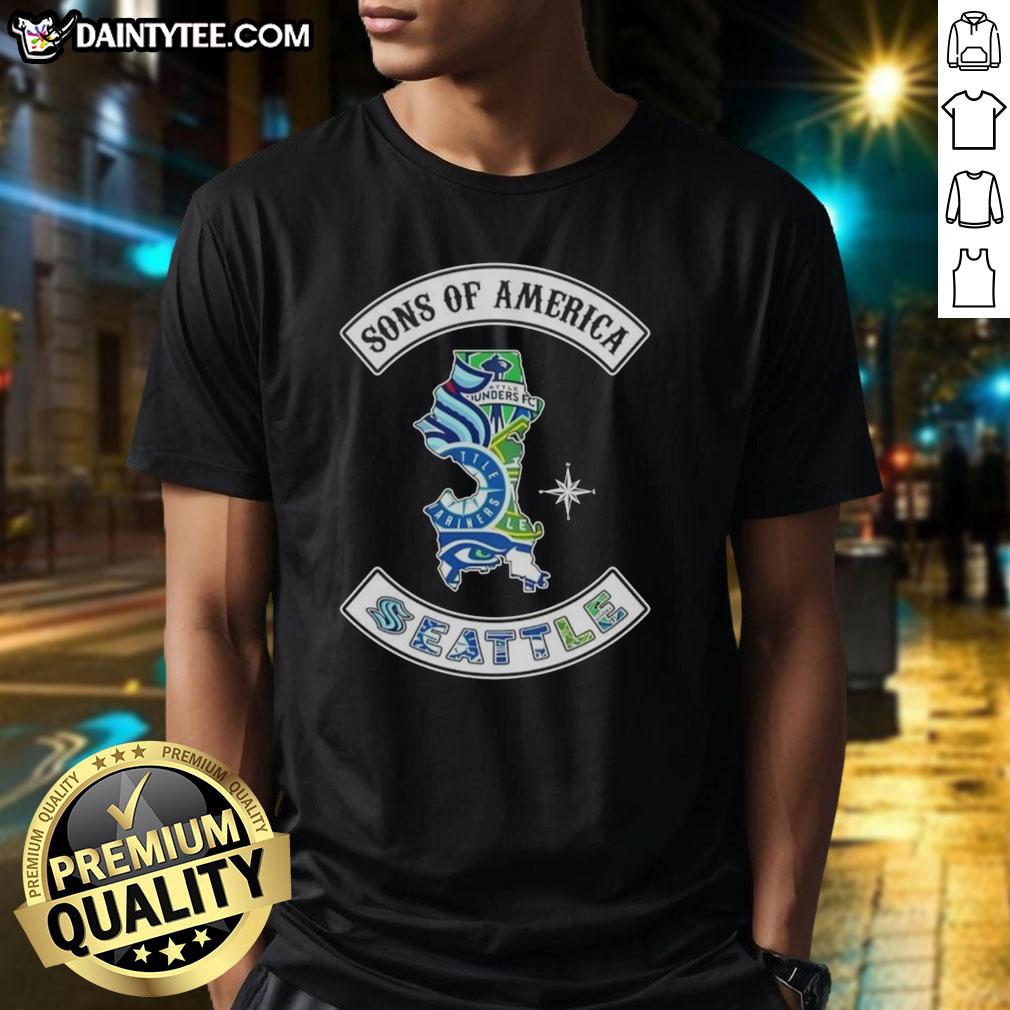 Alt Text: Hot Son Of America Seattle Map Sports Logos Combine T-Shirt featuring iconic sports team logos and a Seattle map design.