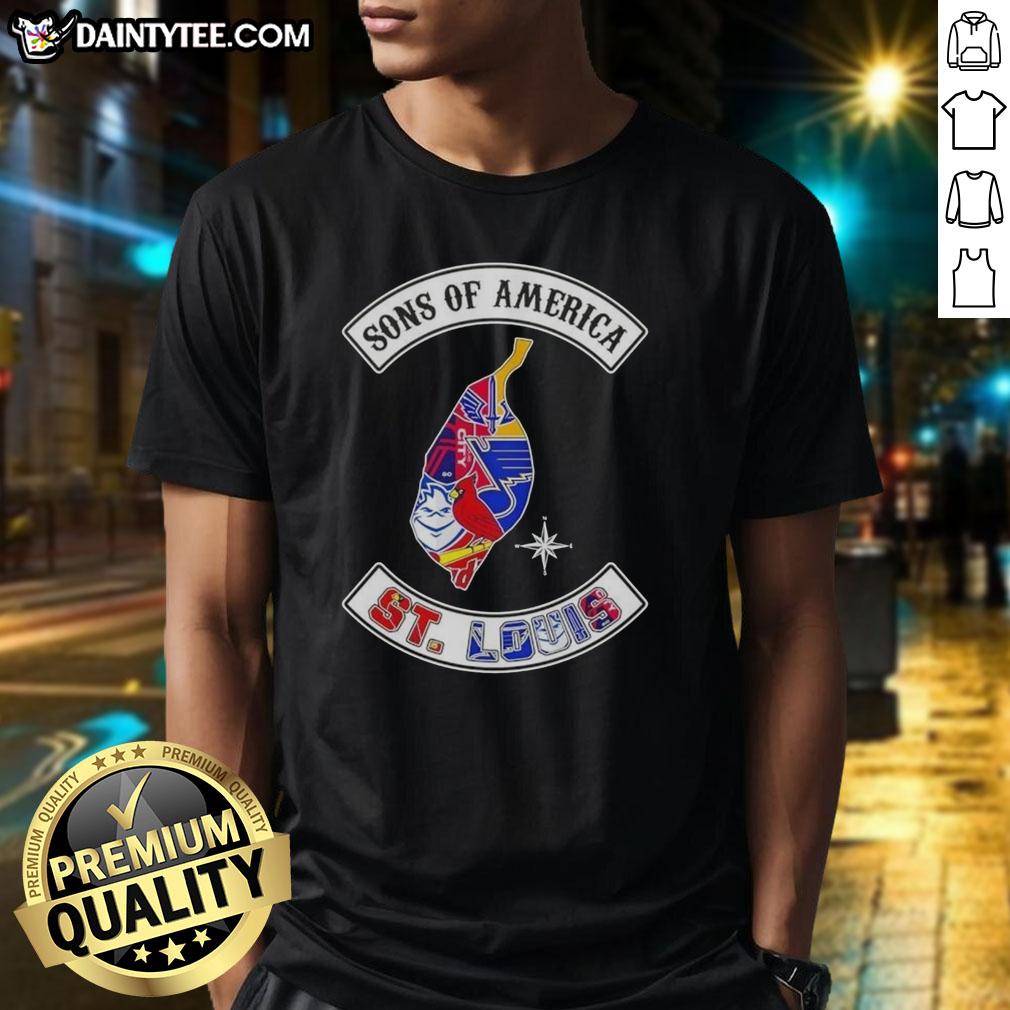 Hot Son Of America St. Louis Map Sports Logos Combine T-Shirt featuring vibrant graphics of St. Louis sports teams.