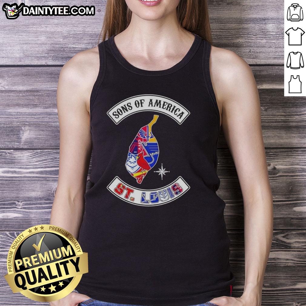 Alt Text: Hot Son of America St. Louis Map Sports Logos Combine Tank Top featuring a vibrant design of local sports teams.