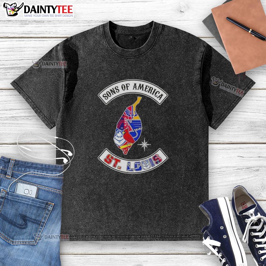 Alt Text: Hot Son of America St. Louis map sports logos combine washed t-shirt design showcasing local team pride.