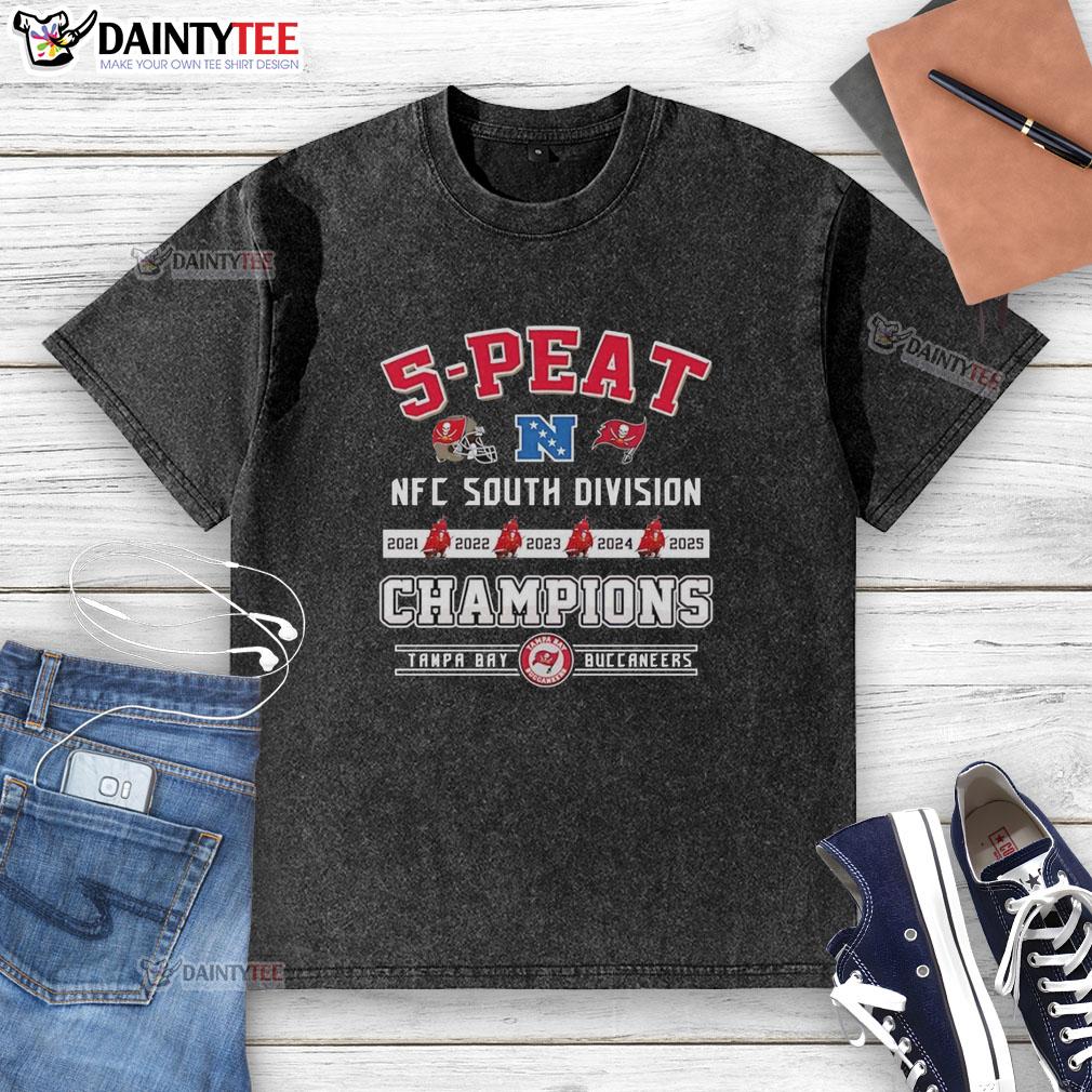 Alt Text: Hot Tampa Bay Buccaneers 5-Peat Champions NFC South Division 2025 Back 2 Back Washed T-Shirt design