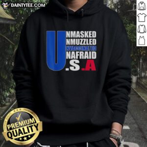 Hot Unmasked Unmuzzled Unvaccinated America Flag Hoodie showcasing bold patriotic design and vibrant colors.