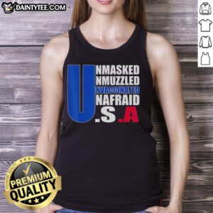 Hot unmasked unmuzzled unvaccinated America flag tank top showcasing patriotic spirit and bold freedom message.