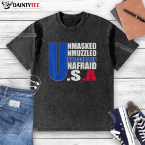 Hot unmasked unmuzzled unvaccinated America flag washed t-shirt showcasing bold patriotic design for freedom lovers.